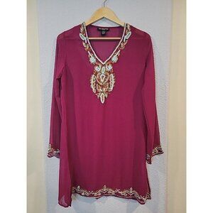 Mix Nouveau Sheer Beaded Tunic Womens Small Chiffon Boho Sequins Aruba Purple